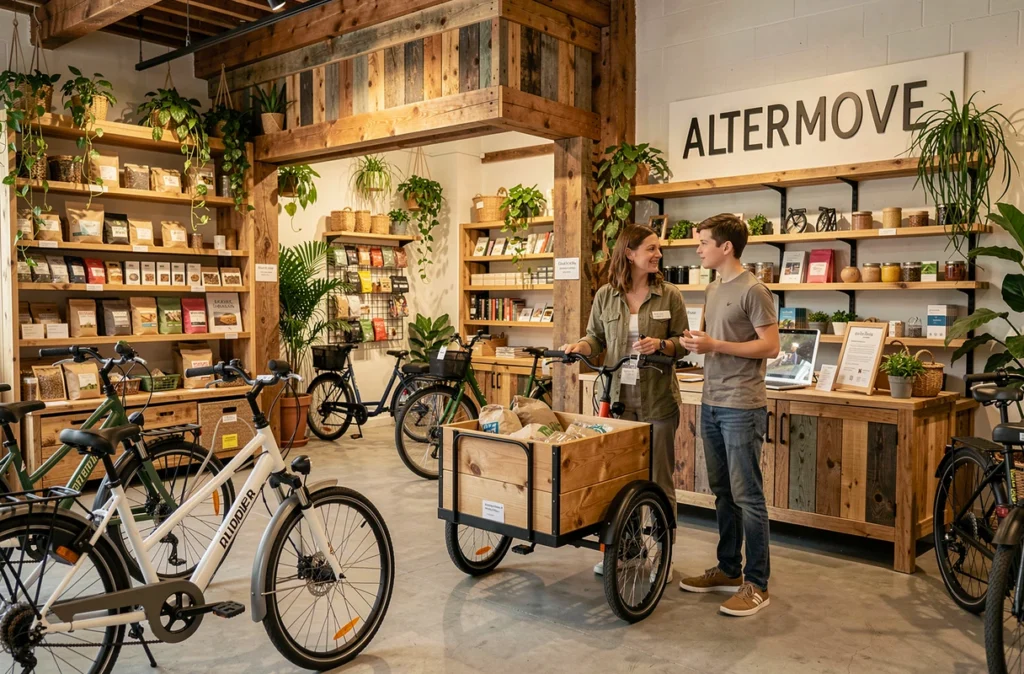 Intérieur du magasin Altermove Lille spécialisé dans les vélos cargo et la mobilité durable avec décoration bois recyclé