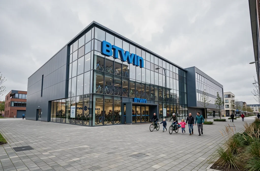 Façade extérieure imposante du Btwin Village à Lille, grand magasin de vélos avec vitrage panoramique et logo Btwin
