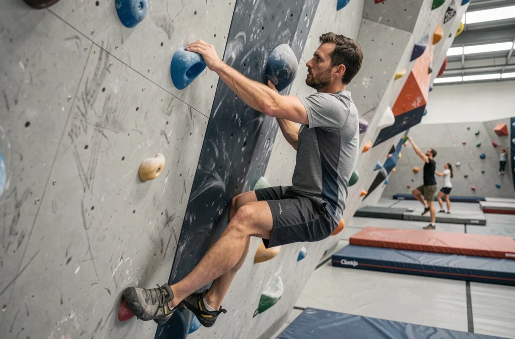 Grimpeur analysant un bloc sur le mur de la salle Climb Up Lesquin