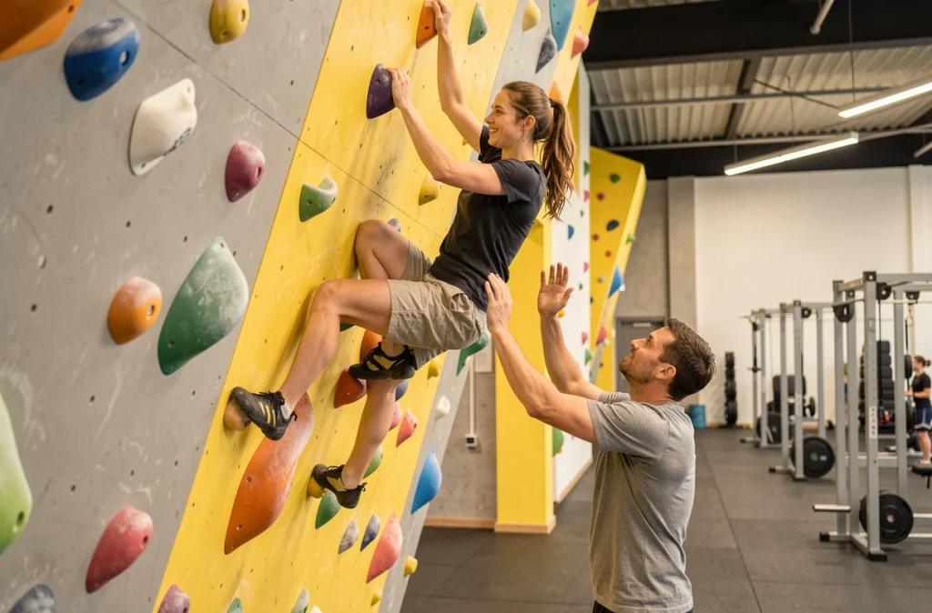 Deux amis s'entraident sur les blocs de la salle Climb Up Villeneuve d'Ascq