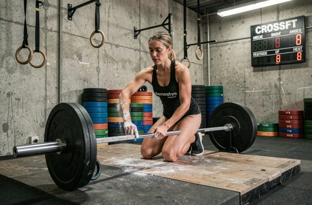Athlète préparant ses mains à la craie avant un WOD au CrossFit Menestys d'Angers