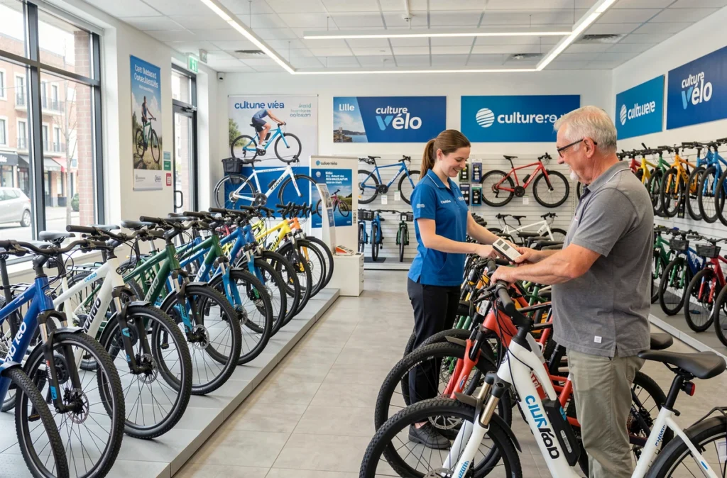 Espace de vente Culture Vélo Lille avec des vélos hybrides et électriques organisés par catégorie et vendeur en uniforme