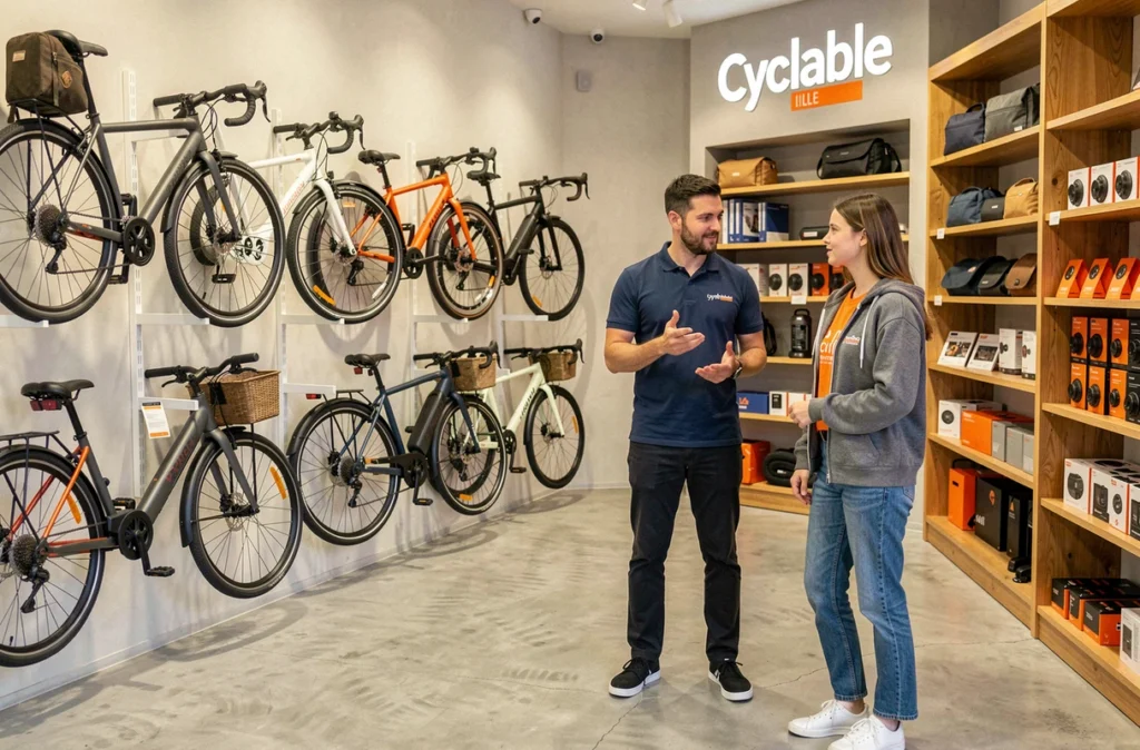 Intérieur du magasin Cyclable Lille Nord avec des vélos urbains et électriques exposés sur des supports muraux