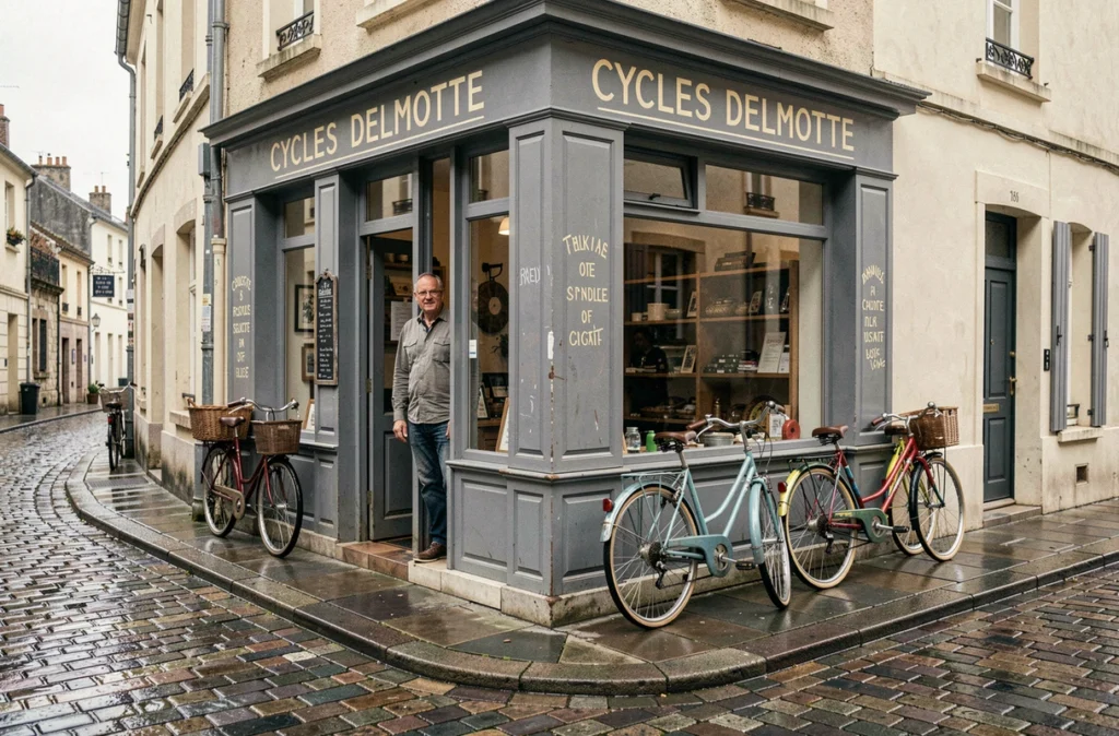 Devanture artisanale du magasin Cycles Delmotte avec des vélos classiques exposés sur le trottoir pavé