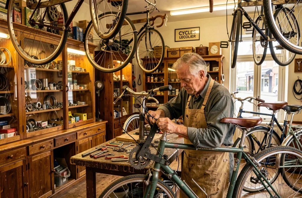 Intérieur du magasin Cycles Lecolier avec vélos classiques suspendus et mécanicien travaillant sur un vélo de randonnée