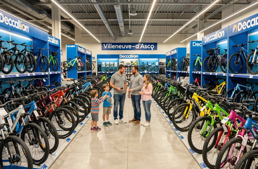 Rayon vélos du Decathlon Villeneuve-d'Ascq Campus avec une famille explorant un large choix de vélos adultes et enfants