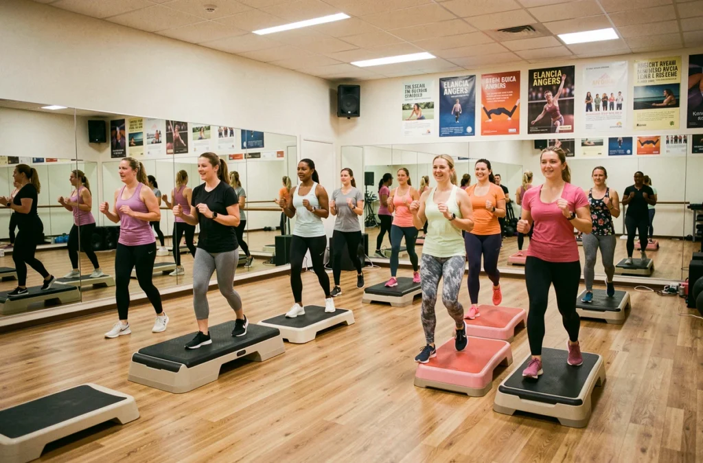 Cours collectif de step aerobics animé par une coach dans la salle Elancia à Angers