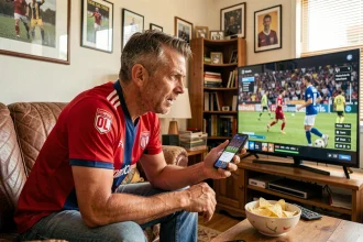 Fan de l'Olympique Lyonnais en maillot OL regardant un match en direct sur sa télévision avec son smartphone affichant l'actualité du club