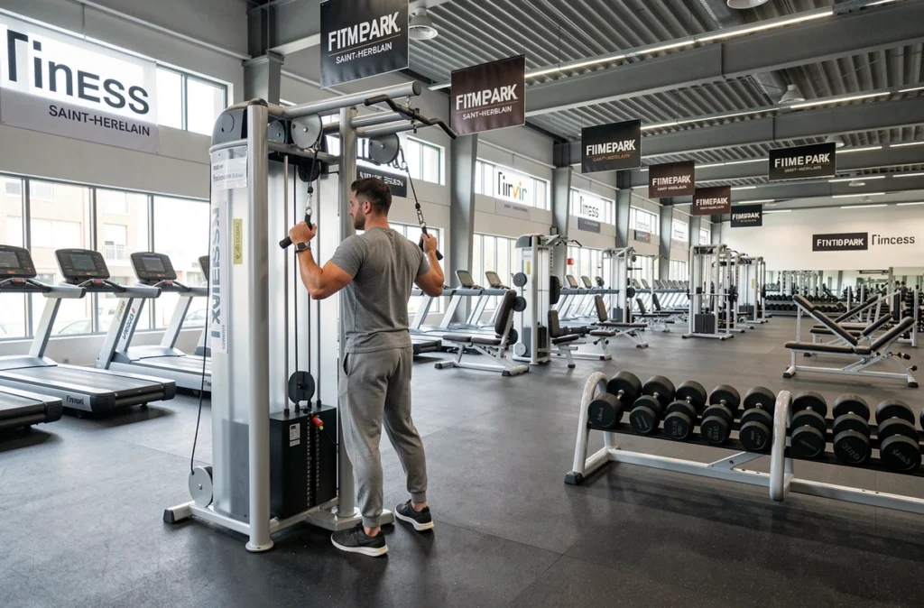 Homme utilisant un appareil à câbles dans la grande salle Fitness Park de Saint-Herblain