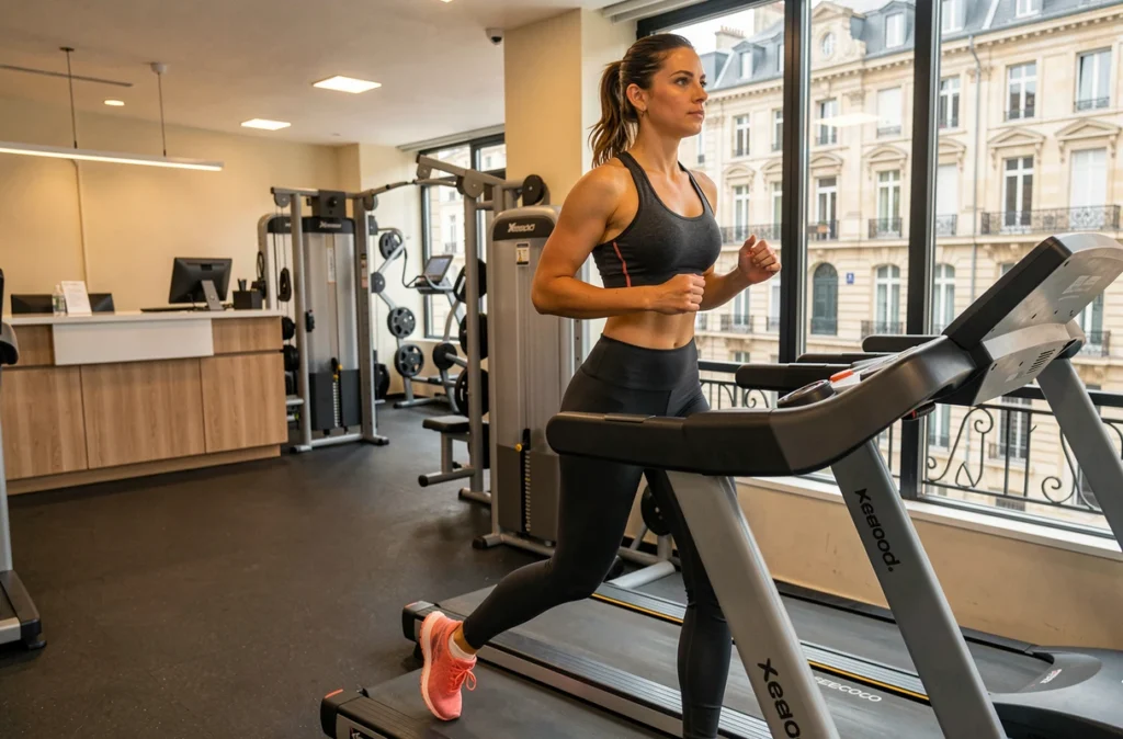 Femme courant sur un tapis roulant dans la salle Keepcool Nantes Centre Hôtel Dieu