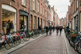Vue générale d'une rue commerçante de la région Nord avec des vélos exposés devant des boutiques spécialisées