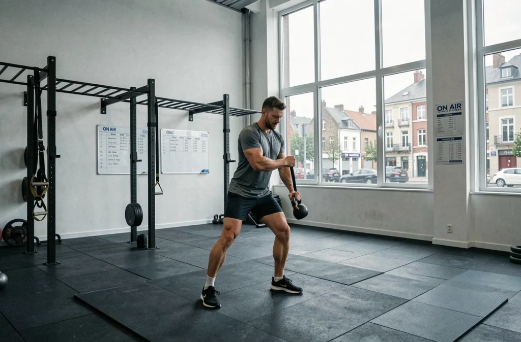 Homme effectuant un exercice avec kettlebell dans la salle ON AIR Fitness à Angers Saint-Serge