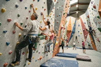 Vue d'ensemble d'une salle d'escalade moderne dans les Hauts-de-France avec grimpeurs sur voies colorées