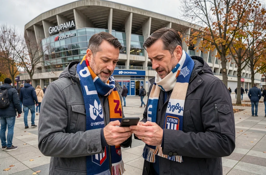Supporters de l'OL devant le Groupama Stadium de Lyon consultant l'actualité du club sur smartphone un jour de match