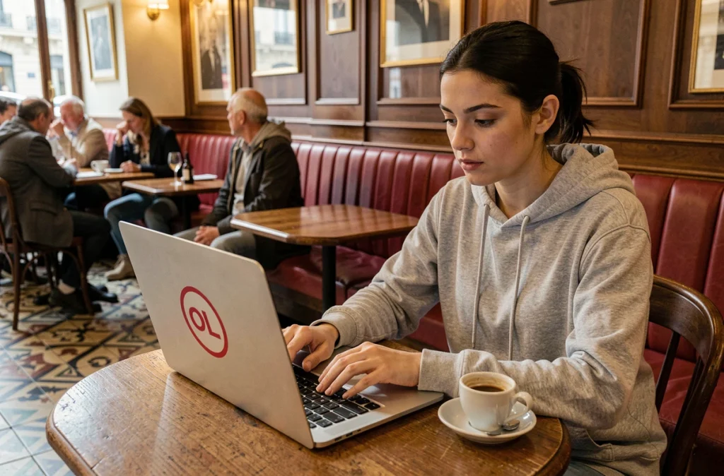 Supportrice de l'OL Lyon consultant l'actualité du club sur son ordinateur portable dans un café brasserie lyonnais