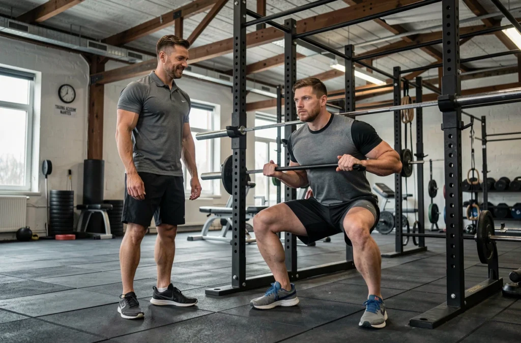 Coach personnel guidant un client lors d'un squat à la salle Training Academy de Nantes