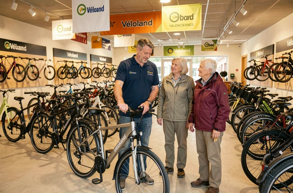 Showroom de Véloland Valenciennes avec un conseiller présentant un vélo électrique de trekking à un couple de clients
