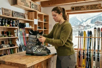 Femme inspectant des chaussures de ski écoresponsables dans un magasin de location de matériel de montagne en bois recyclé