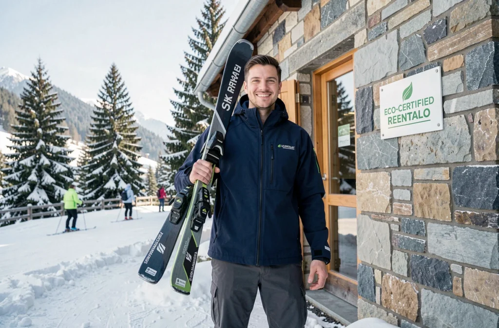 Homme tenant des skis de location écoresponsables devant un kiosque de location en pierre dans une station de montagne enneigée